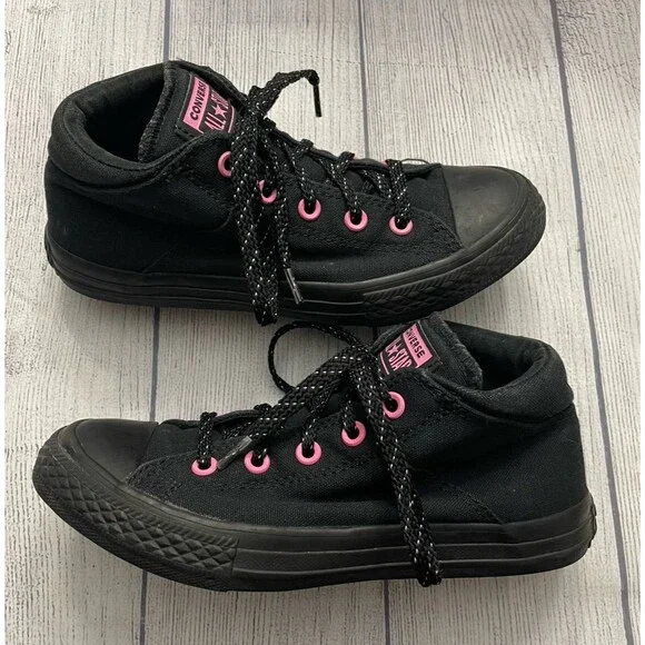 Black & Pink Converse All Stars Girl Mid Top Shoes, Size Youth 2 - Picture 2 of 4